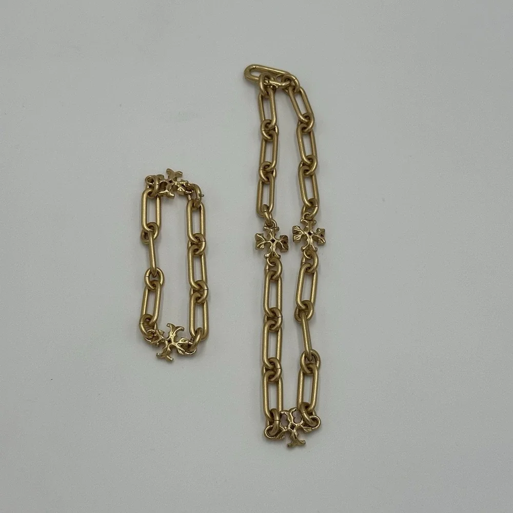 TORY BURCH Gold Roxanne Choker Chain Link Necklace And Bracelet 18k Plated